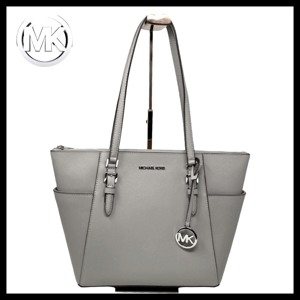 MICHAEL KORS Charlotte Large Saffiano Leather Tote Bag in Pearl Grey